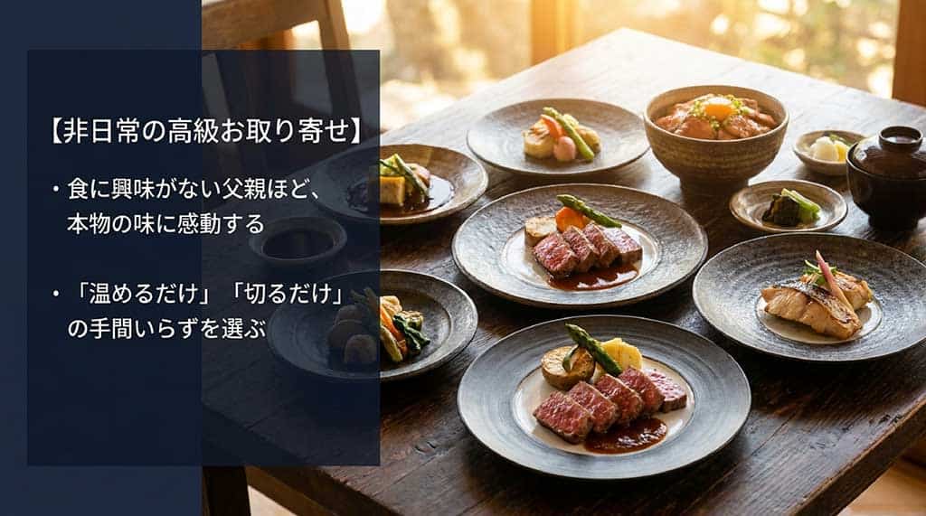 非日常の高級お取り寄せ。食に興味がない父親ほど本物の味に感動する。「温めるだけ」「切るだけ」の手間いらずを選ぶ