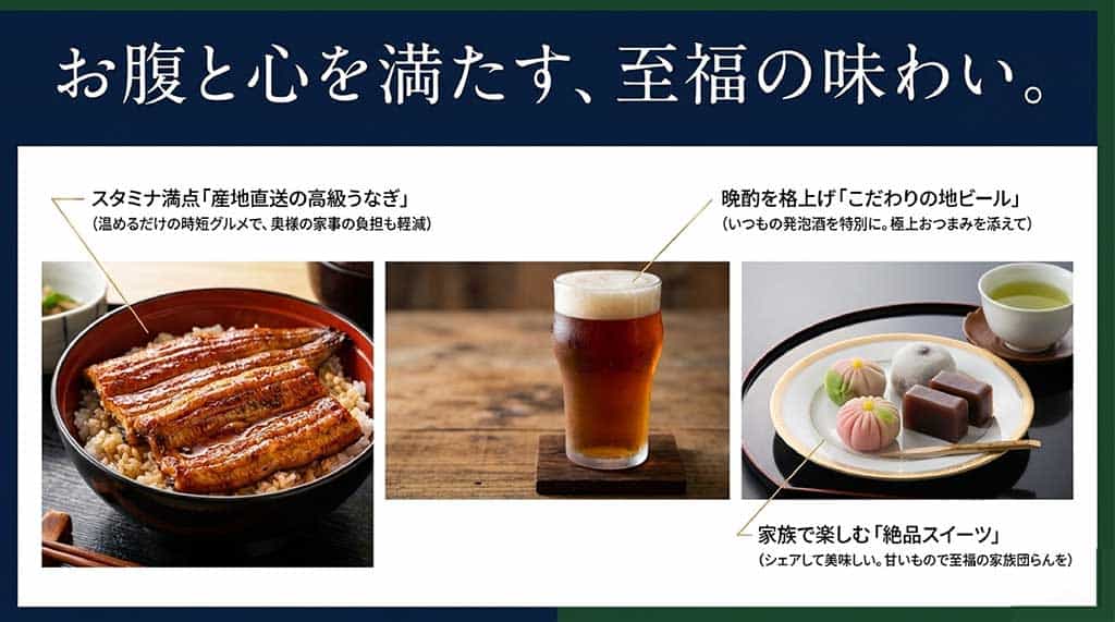 贅沢なうな丼、冷えた地ビール、和菓子の3枚のイメージ写真。「お腹と心を満たす、至福の味わい」としてグルメギフトを提案