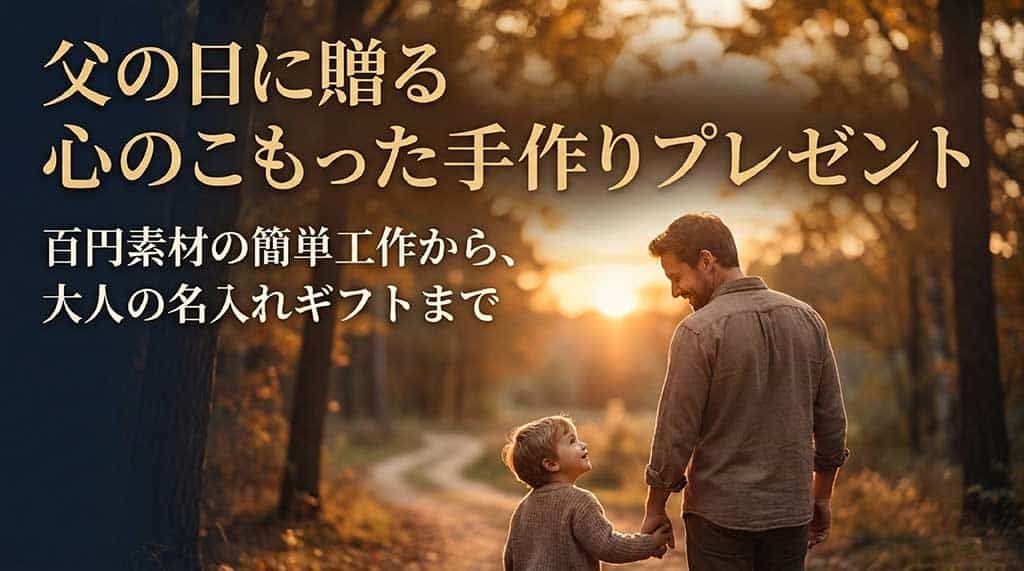 「父に日に贈る 心のこもった手作りプレゼント 百円素材の簡単工作から、大人の名入れギフトまで」と書かれたスライド資料の表紙