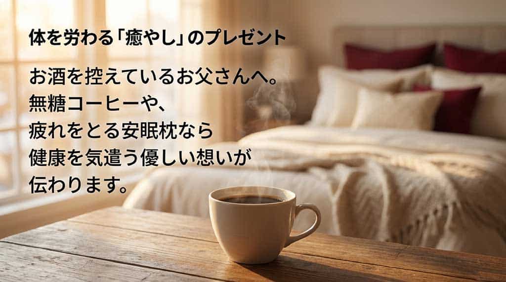 健康を気遣う優しい想いが伝わるギフトとして、無糖コーヒーや疲れをとる安眠枕を提案するスライド