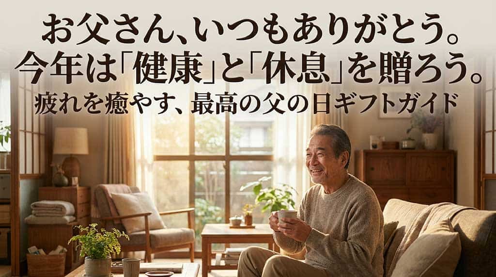 「お父さん、いつもありがとう。今年は『健康』と『休息』を贈ろう。疲れを癒やす、最高の父の日ギフトガイド」と書かれた、父の日の健康ギフトを紹介するスライドの表紙画像