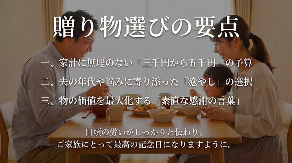 予算は3千円〜5千円、年代や悩みに寄り添った癒やしの選択、価値を最大化する素直な感謝の言葉、という贈り物選びの3つの要点をまとめたスライド