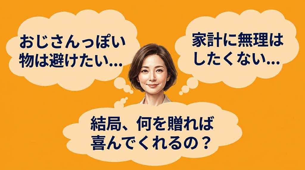 旦那への父の日プレゼント選びで「おじさんっぽい物は避けたい」「家計に無理はしたくない」「結局何を贈れば喜ぶ？」と悩む妻の本音を表したスライド