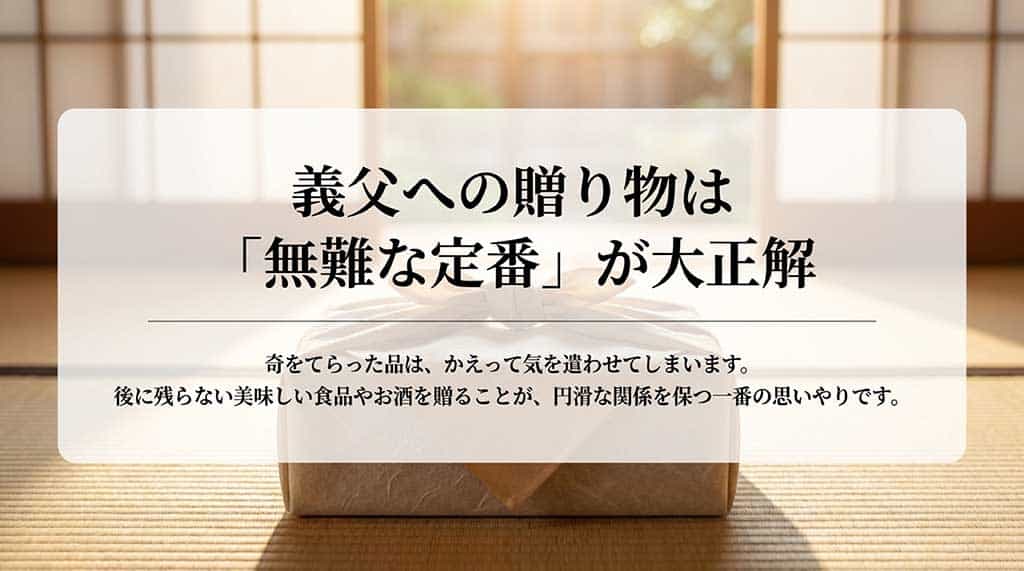 義父への贈り物は「無難な定番」が大正解である理由。奇をてらった品は気を遣わせるため、後に残らない美味しい食品やお酒を贈ることが円滑な関係を保つ思いやりであると解説するスライド。
