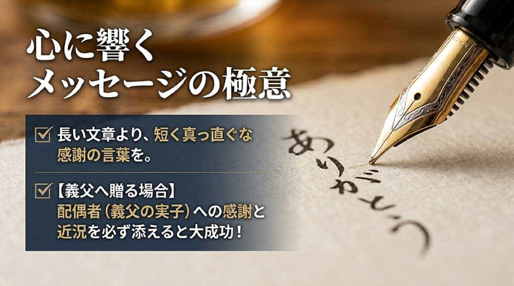 短く真っ直ぐな感謝の言葉を伝えることや、義父へ贈る場合に配偶者(義父の実子)への感謝と近況を必ず添えるという成功の極意を解説したスライド