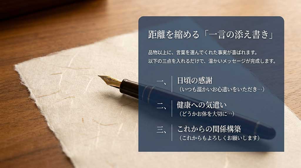 温かいメッセージを完成させる3つの点（日頃の感謝、健康への気遣い、これからの関係構築）を解説したスライド