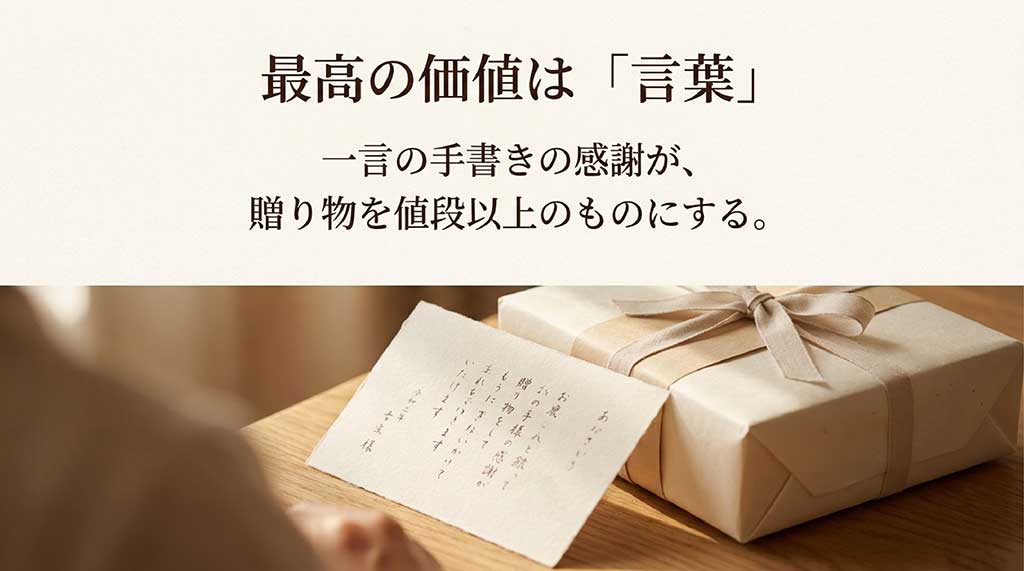 「最高の価値は『言葉』 一言の手書きの感謝が、贈り物を値段以上のものにする。」と書かれた、感謝のメッセージを推奨するスライド。