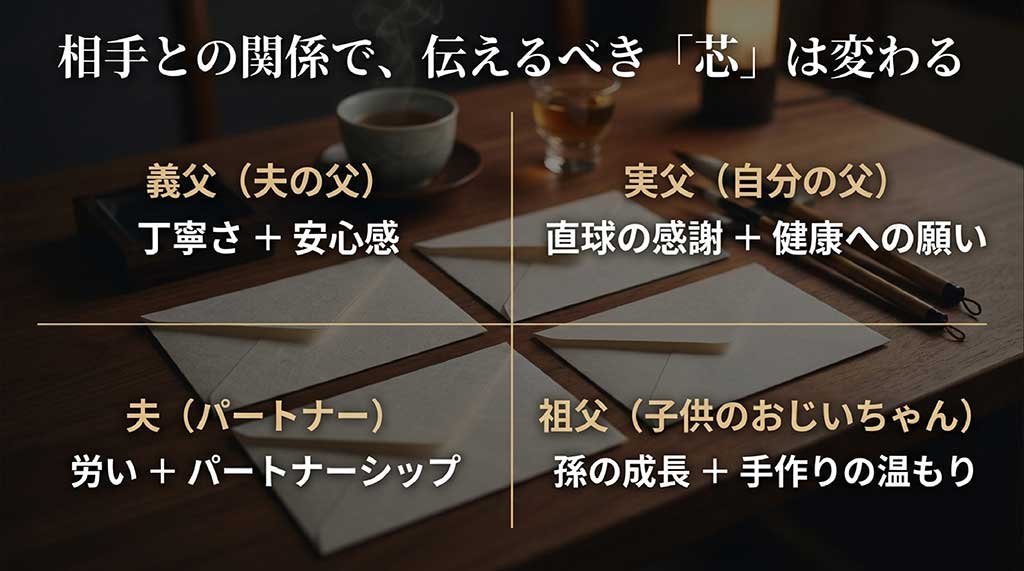 義父、実父、夫、祖父の4つの関係性ごとに、伝えるべきメッセージのポイント（丁寧さ、直球、労い、成長）をまとめた図解