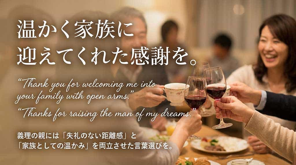 「温かく家族に迎えてくれた感謝を。」というメッセージと、義父向けの英語フレーズが記載されたスライド資料。