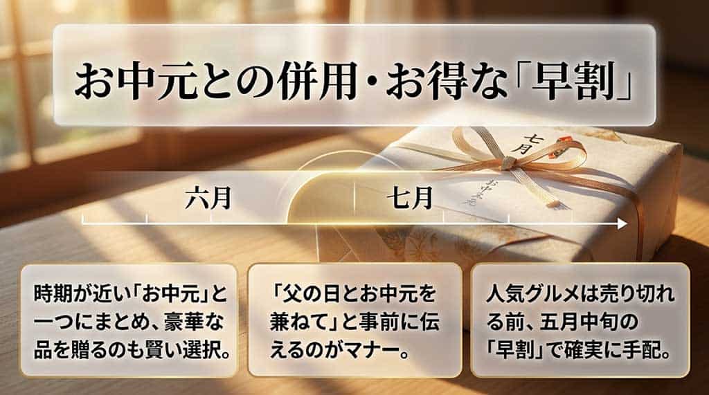 「お中元との併用・お得な早割」というタイトルで、6月と7月の時期の近さ、事前連絡をして一つにまとめるマナー、5月中旬の早割手配を勧めるカレンダーイメージのスライド画像