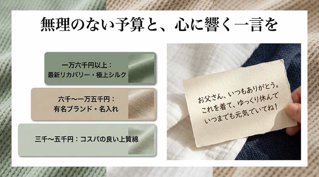 予算別のアイテム傾向（リカバリー、有名ブランド、上質綿）と、父の日に添えたい感謝のメッセージ例文をまとめたスライド