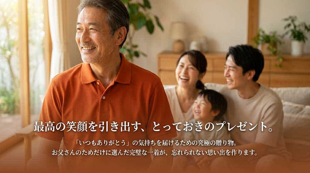 「最高の笑顔を引き出す、とっておきのプレゼント。『いつもありがとう』の気持ちを届けるための究極の贈り物。お父さんのためだけに選んだ完璧な一着が、忘れられない思い出を作ります」と書かれた締めくくりのスライド
