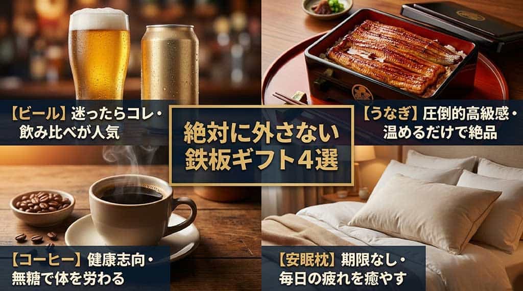 ビール(飲み比べ)、うなぎ(圧倒的高級感)、コーヒー(健康志向)、安眠枕(期限なし)の4つの鉄板ギフトを紹介するスライド