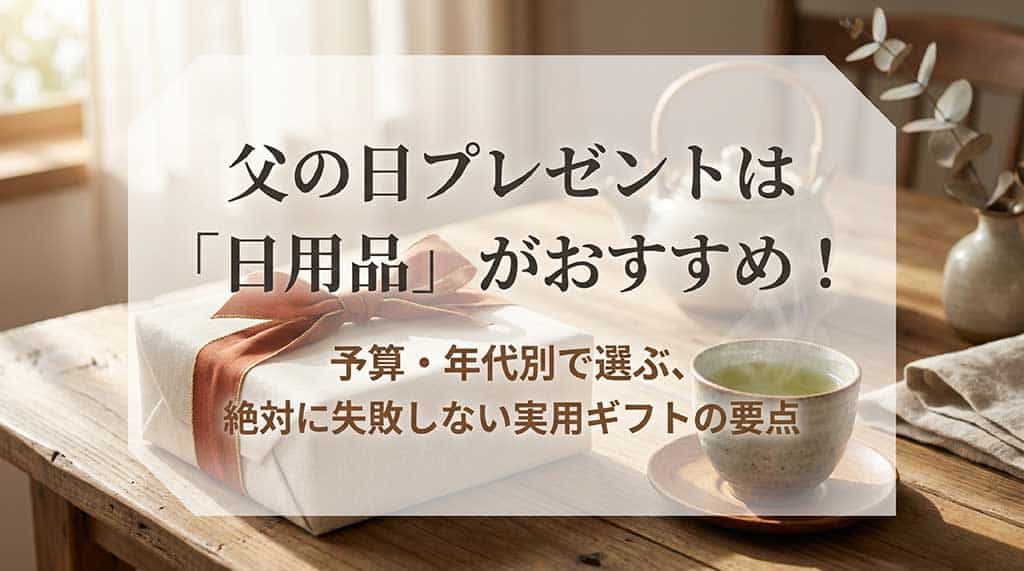 父の日のプレゼントに日用品をおすすめする理由と、予算・年代別で絶対に失敗しない実用ギフトの要点をまとめたスライドの表紙