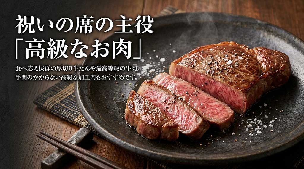 厚切り牛たんや最高等級の牛肉、手間のかからない高級加工肉のおすすめを紹介するスライド