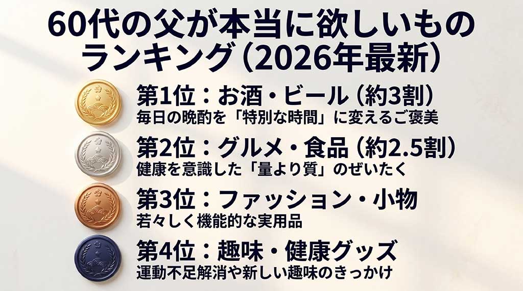 2026年最新の60代父親が欲しいものランキング。1位お酒、2位グルメ、3位ファッション、4位趣味・健康グッズのまとめスライド