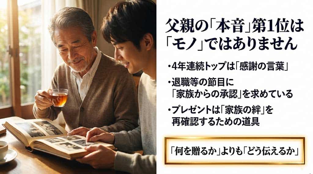 父親の本音第1位はモノではなく「感謝の言葉」であり、家族からの承認を求めていることを示す解説スライド