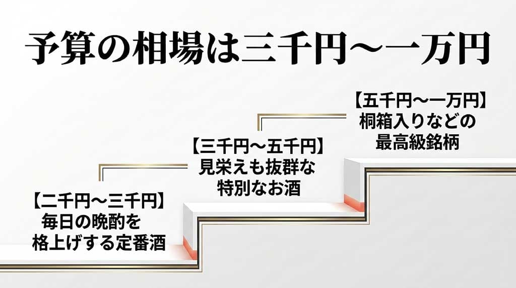 日本酒ギフトの予算相場(2千円〜3千円の定番酒、3千円〜5千円の特別なお酒、5千円〜1万円の最高級銘柄)を示したスライド。