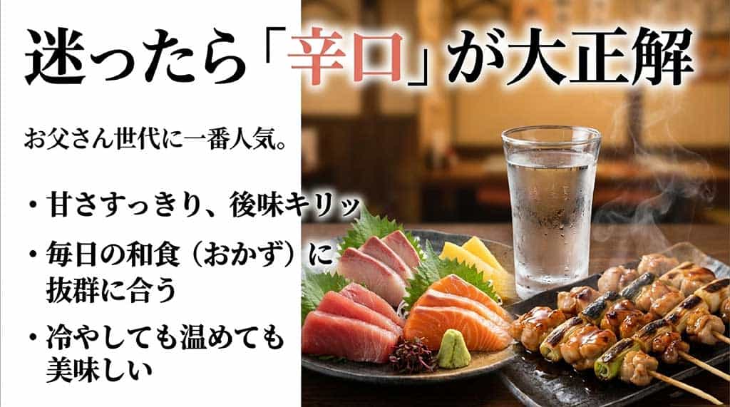 お父さん世代に一番人気の辛口日本酒の特徴(甘さすっきり後味キリッ、和食に合う、冷やしても温めても美味しい)を解説するスライド。