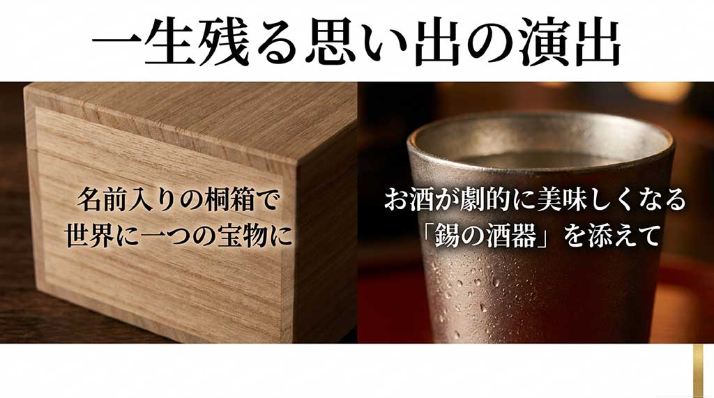 名前入りの桐箱やお酒が劇的に美味しくなる世界に一つの宝物「錫の酒器」を添える演出を提案するスライド。