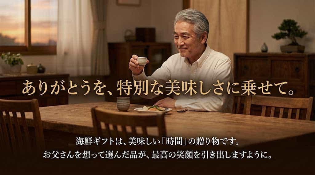 「ありがとうを、特別な美味しさに乗せて。海鮮ギフトは、美味しい時間の贈り物です。お父さんを想って選んだ品が、最高の笑顔を引き出しますように」のまとめ画像
