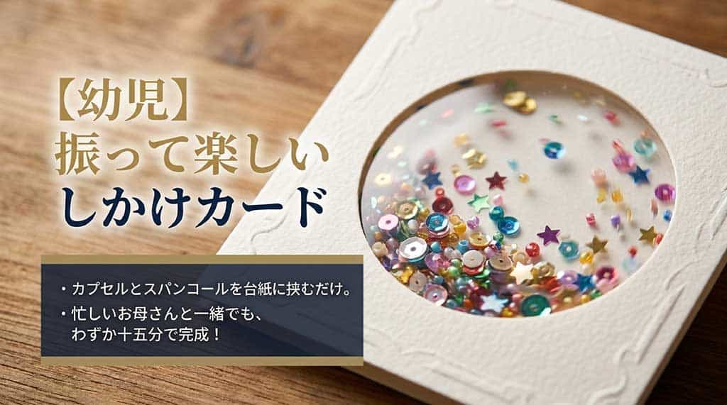 カプセルとスパンコールを台紙に挟むだけで、忙しいお母さんと一緒でもわずか15分で完成する「しかけカード」の紹介スライド