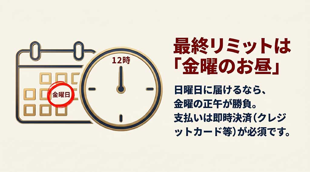 カレンダーの金曜日と時計の12時を強調したイラスト。日曜日当日に届けるなら金曜の正午が勝負で、即時決済が必須であることを示すスライド