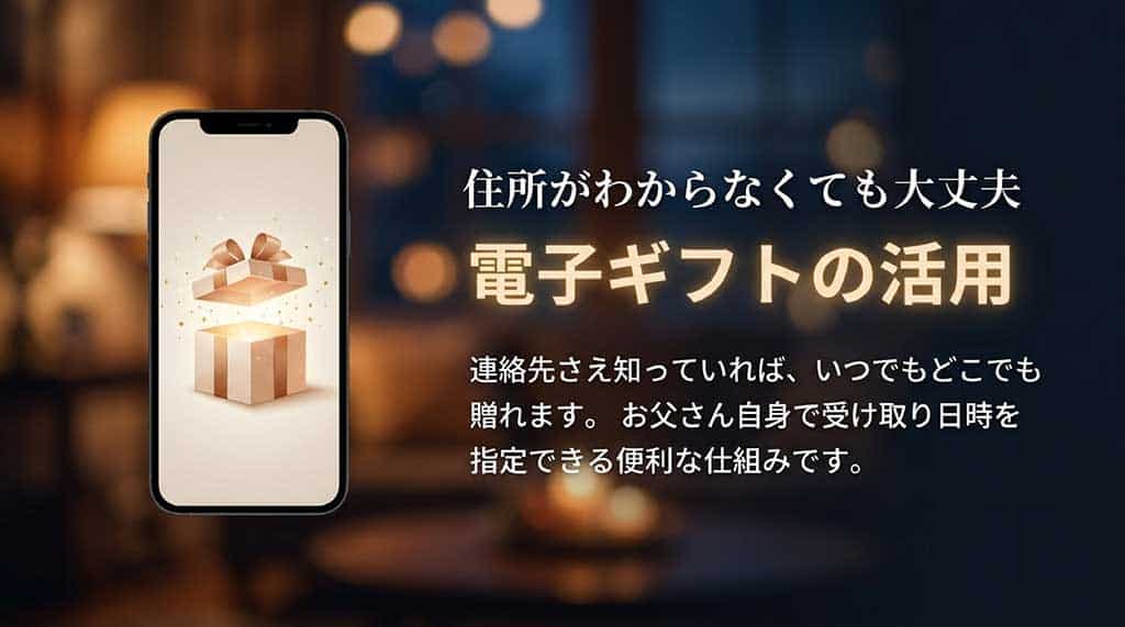 電子ギフトの活用として、連絡先さえ知っていればいつでもどこでも贈れ、お父さん自身で受け取り日時を指定できる便利な仕組みを説明するスライド。スマホからギフトボックスが飛び出すイラスト付き。