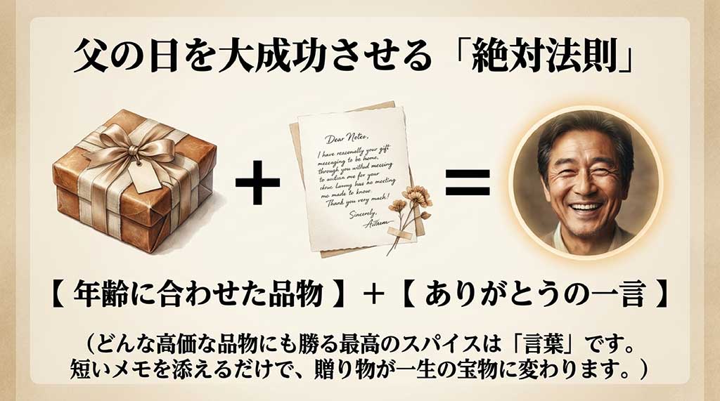 英文の手紙のイラストと笑顔のお父さんの写真がイコールで結ばれた図。「【年齢に合わせた品物】+【ありがとうの一言】」という絶対法則と、短いメモを添えるだけで贈り物が一生の宝物になることを説明したスライド