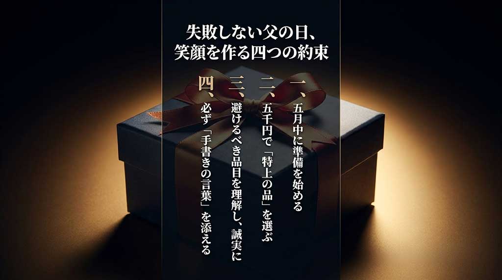 5月中の準備、5,000円での特上品選び、NG品目の把握、手書きの言葉という4つの約束