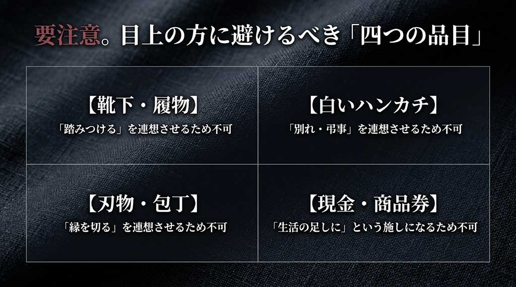 靴下、白いハンカチ、刃物、現金など、目上の方に贈る際に失礼となる品目とその理由