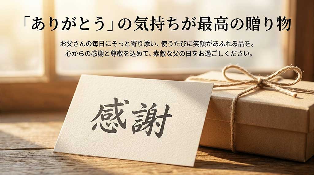 「ありがとう」の気持ちが最高の贈り物というメッセージとともに、心からの感謝と尊敬を込めて素敵な父の日を過ごすよう呼びかける、まとめのスライド画像 。
