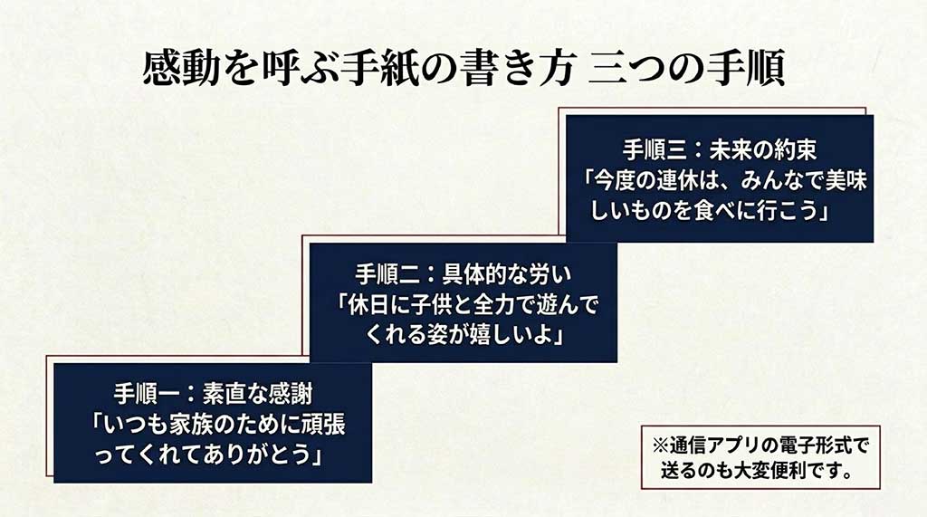手順一「素直な感謝」、手順二「具体的な労い」、手順三「未来の約束」という、旦那さんへの父の日メッセージを感動的に仕上げる3ステップの構成図