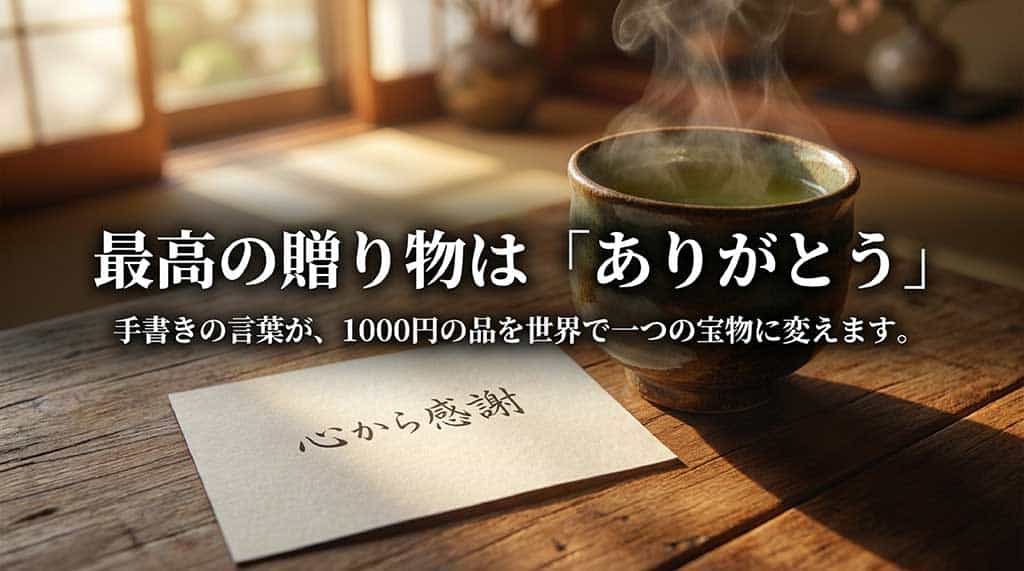 「最高の贈り物は『ありがとう』 手書きの言葉が、1000円の品を世界で一つの宝物に変えます。心から感謝」と書かれた、メッセージの重要性を伝えるスライド