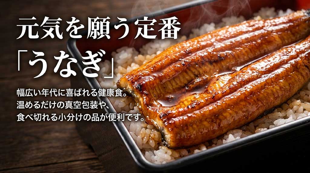 元気を願う定番のうなぎ。温めるだけの真空包装や小分けパックが便利であることを説明するスライド