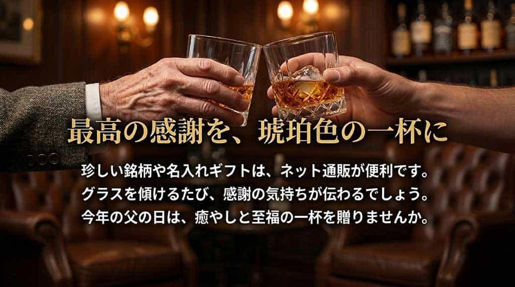 「最高の感謝を、琥珀色の一杯に」というメッセージと共に、ネット通販を活用した珍しい銘柄や名入れギフトの選び方を締めくくるスライド