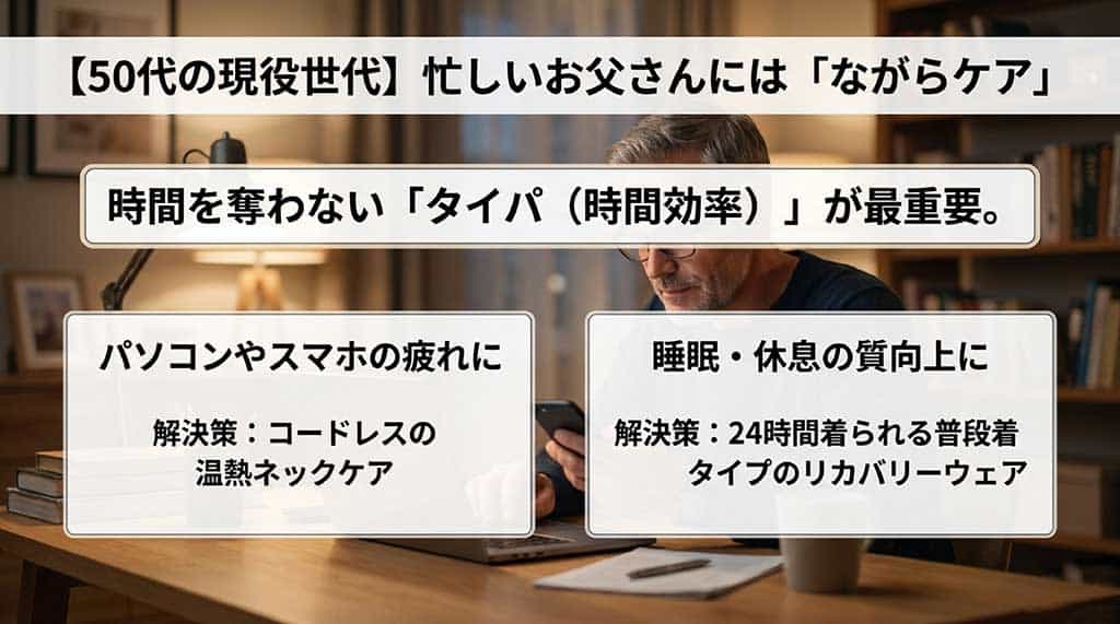 50代の現役世代向けに「ながらケア」と「タイパ」を重視し、パソコンやスマホの疲れにコードレス温熱ネックケア、睡眠の質向上に普段着タイプのリカバリーウェアを提案するスライド