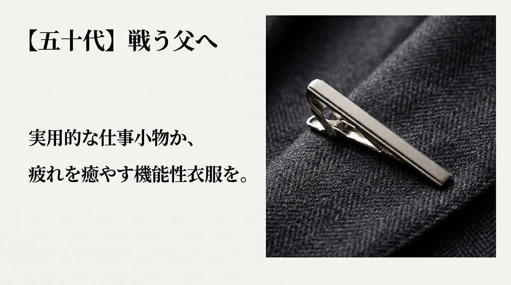 シックなスーツの胸元に輝くネクタイピンの写真とともに、「【五十代】戦う父へ 実用的な仕事小物か、疲れを癒やす機能性衣服を。」と書かれたスライド。