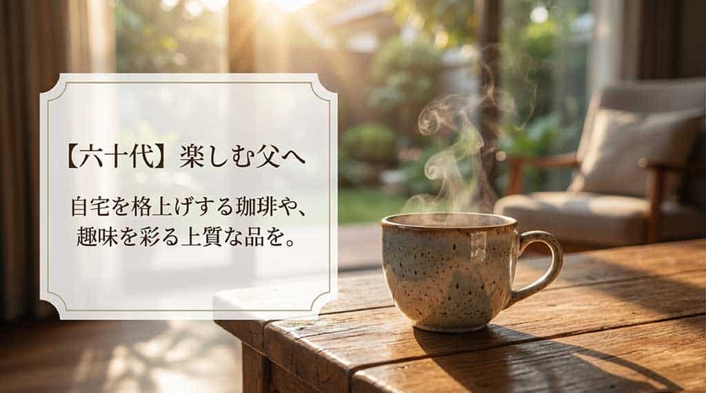 「【六十代】楽しむ父へ 自宅を格上げする珈琲や、趣味を彩る上質な品を。」と書かれた、セカンドライフを応援するスライド。