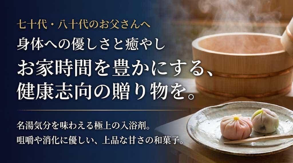 50代・60代の働き盛りのお父さんへのギフト選びを解説したスライド。日常の質を上げるメンズスキンケアや高級靴下などのワンランク上の日用品、仕事の疲れを癒やす特別なクラフトビールがおすすめと紹介しています。