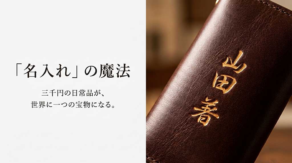 「『名入れ』の魔法 三千円の日常品が、世界に一つの宝物になる。」と書かれた、パーソナライズギフトの特別感を伝えるスライド。