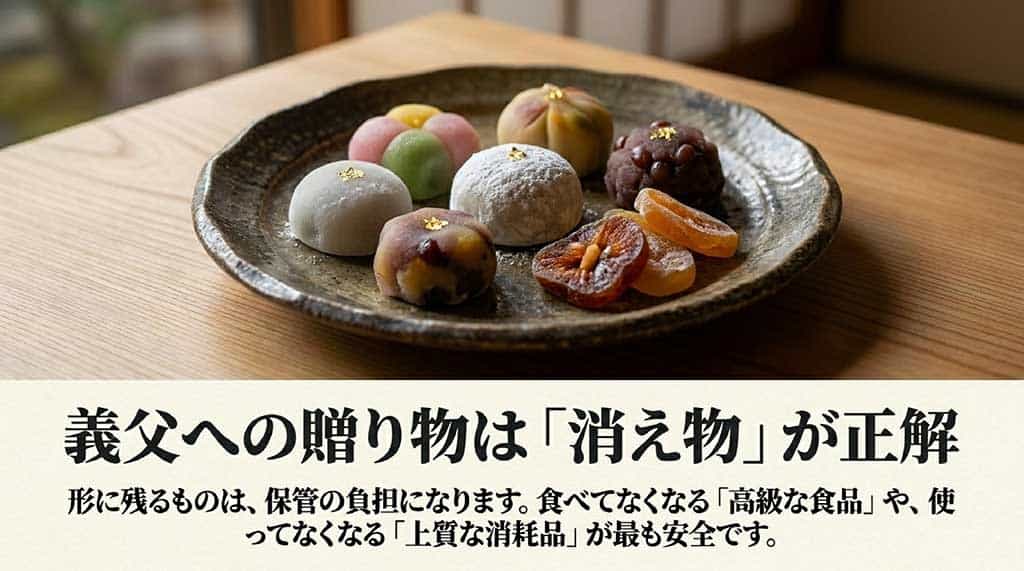 「義父への贈り物は『消え物』が正解」というタイトルのスライド。形に残るものは負担になるため、食べてなくなる高級な食品や上質な消耗品が最も安全であると説明しています。