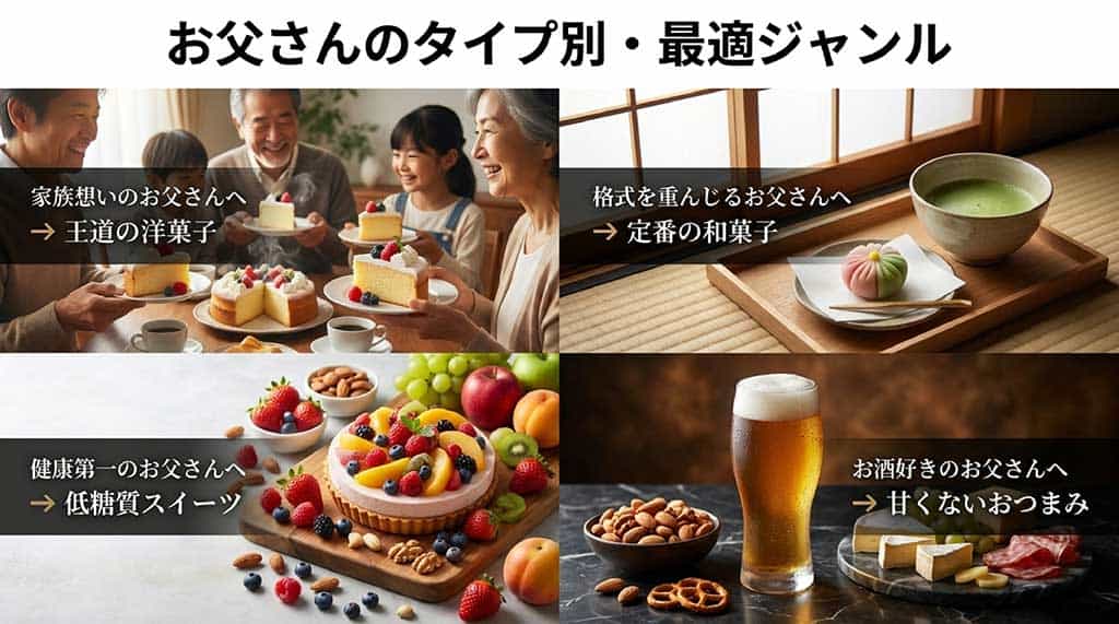 家族想いのお父さんには王道の洋菓子、健康第一のお父さんには低糖質スイーツ、格式を重んじるお父さんには定番の和菓子、お酒好きのお父さんには甘くないおつまみを示すタイプ別相関図