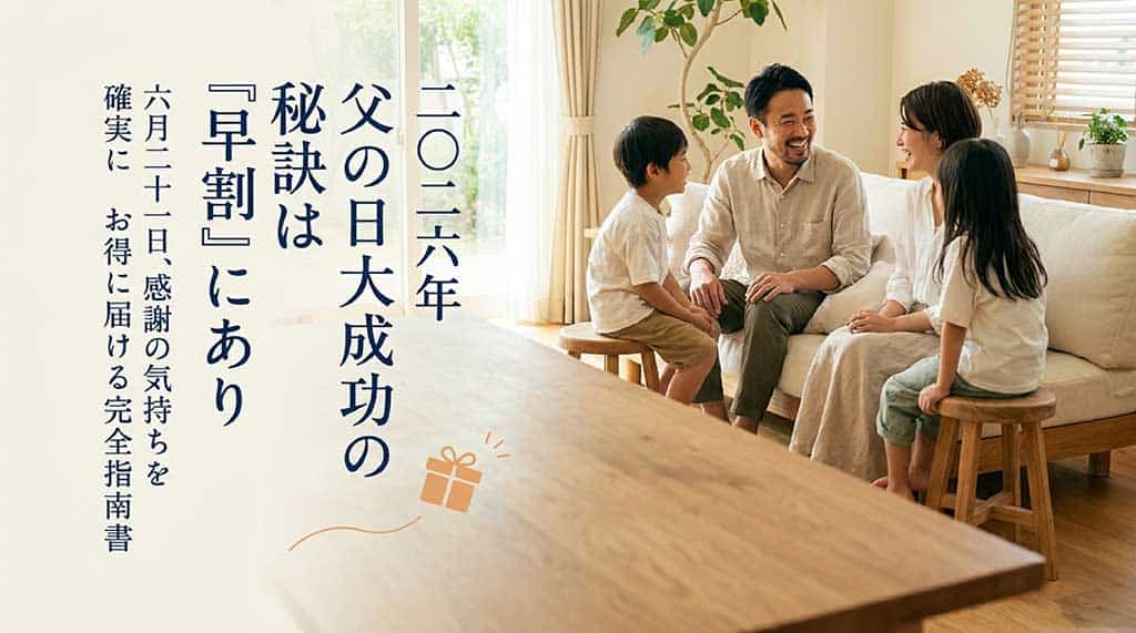 2026年版父の日大成功の秘訣は早割にあり、6月21日に感謝を確実に届ける完全指南書と書かれた表紙スライド