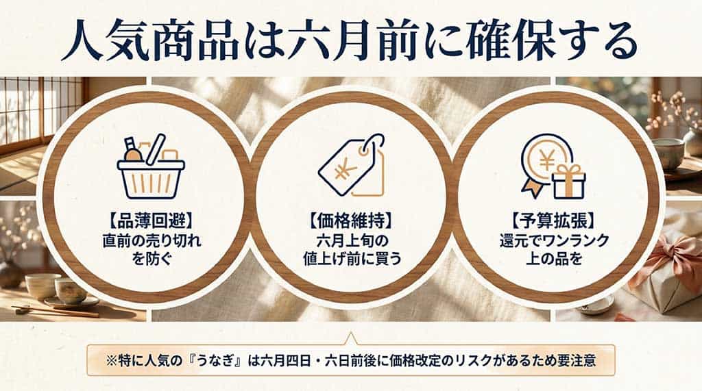 品薄回避、価格維持、予算拡張という、6月前に父の日ギフトを確保する3つのメリットを解説したスライド。特にうなぎの価格改定リスクについて注意を促している。