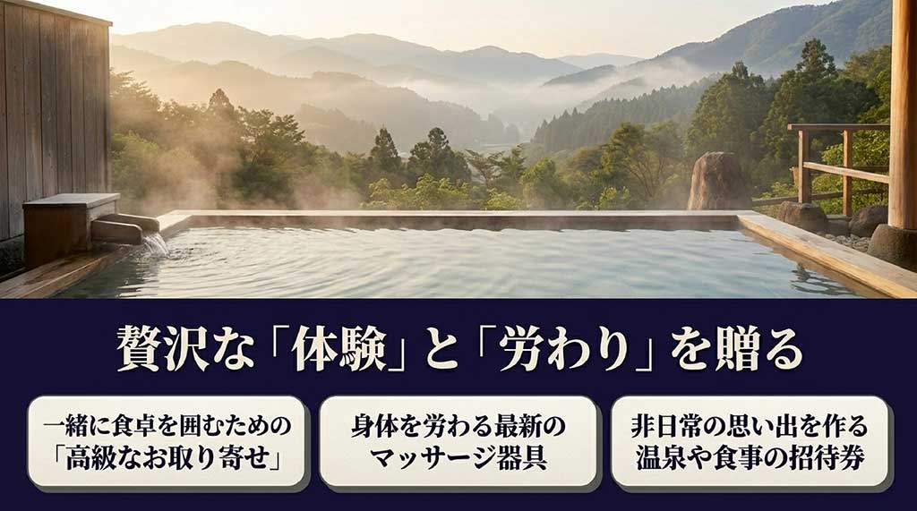 一緒に食卓を囲むための高級なお取り寄せ、身体を労わるマッサージ器具、温泉や食事の招待券など、贅沢な体験と労わりを贈るアイデアのスライド