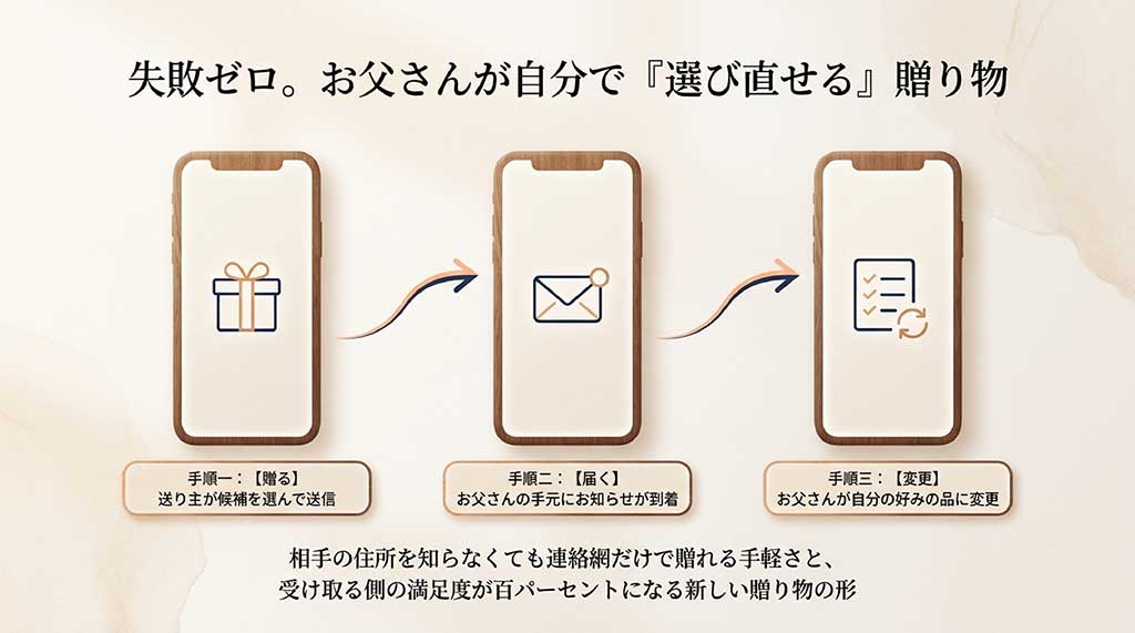 贈り主が候補を選んで送信し、お父さんが手元のお知らせから好みの品に変更できる「選び直せるギフト」の3ステップを解説したスライド