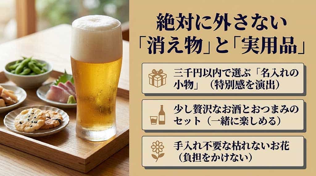 三千円以内の名入れ小物、少し贅沢なお酒とおつまみセット、手入れ不要な枯れないお花など、父の日に絶対に外さないギフトを提案するスライド