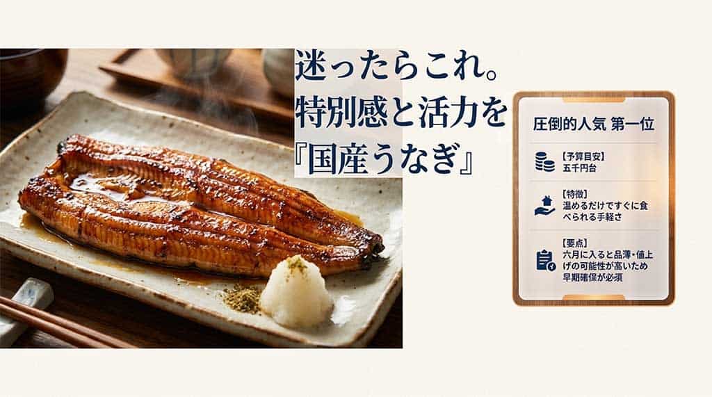 圧倒的人気1位の国産うなぎギフトについて、予算目安5,000円台、手軽さ、6月前の早期確保が必須であることをまとめたスライド