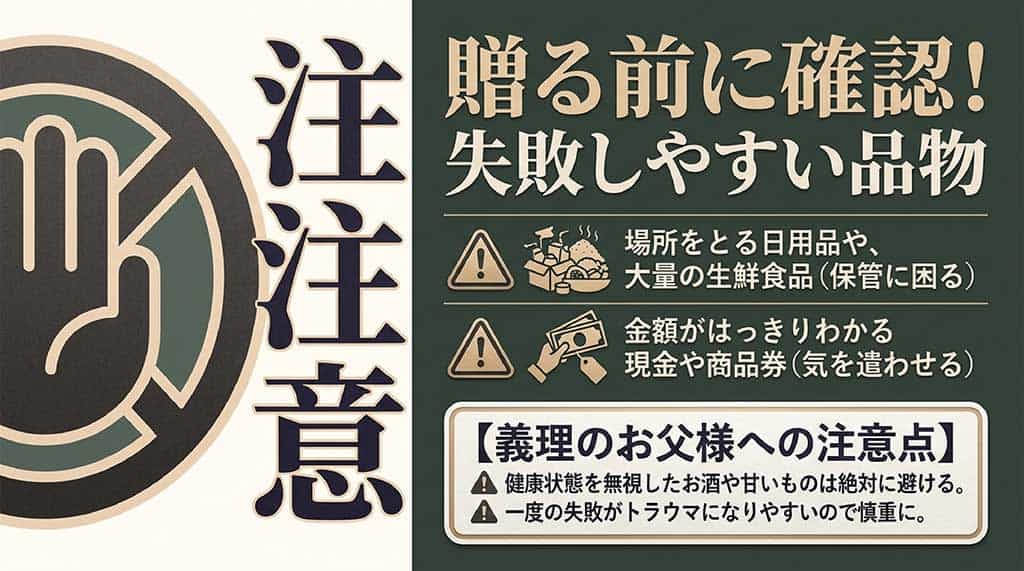 場所をとる日用品や大量の生鮮食品、金額がわかる現金や商品券など失敗しやすい品物と、義理の父親への注意点をまとめたスライド